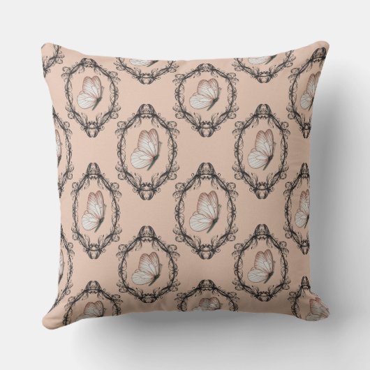 キュートなピンクエレガントの蝶ダマスクパターン クッション (裏面)