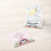 キュートなピンクペンギン冬の赤ちゃんシャワー スクエアペーパーコースター (インサイチュ)