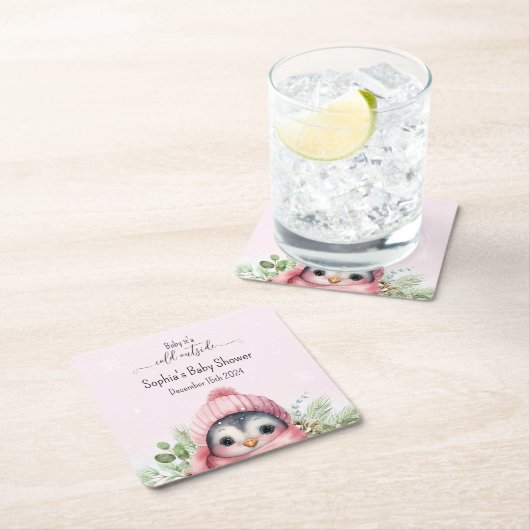 キュートなピンクペンギン冬の赤ちゃんシャワー スクエアペーパーコースター (インサイチュ)