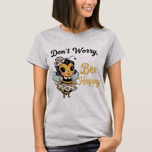 キュートなピンナップビー 悩むな "Bee Happy" Tシャツ (正面)