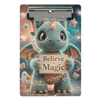 キュートなファンタジードラゴンのぬいぐるみが魔法を信じるを掲げる ミニクリップボード