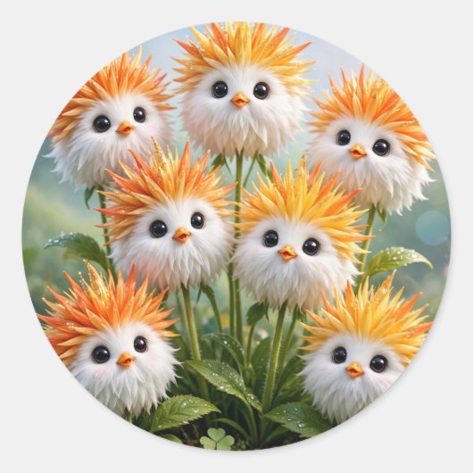 キュートなファンタジーヒヨコの花の庭ステッカー ラウンドシール (正面)
