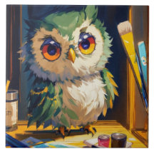 キュートなフクロウのアクリルとパレットナイフストローク