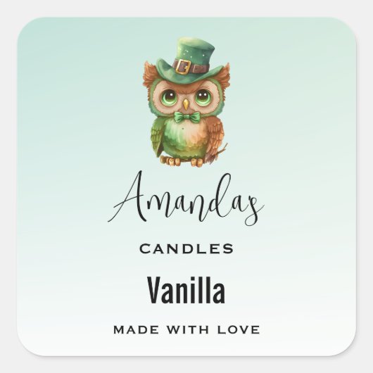 キュートなフクロウをグリーンのトップハット事業 スクエアシール (正面)