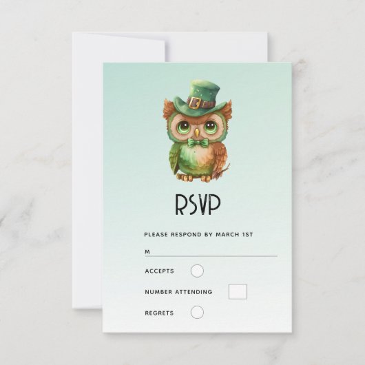 キュートなフクロウを帽子の緑色に結婚した 出欠カード (正面)