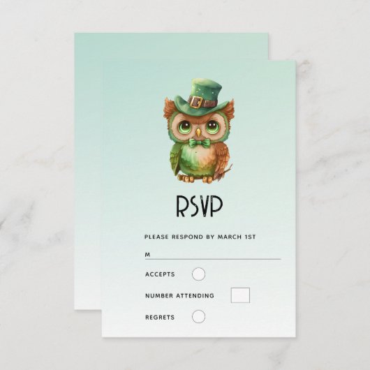 キュートなフクロウを帽子の緑色に結婚した 出欠カード (正面/裏面)