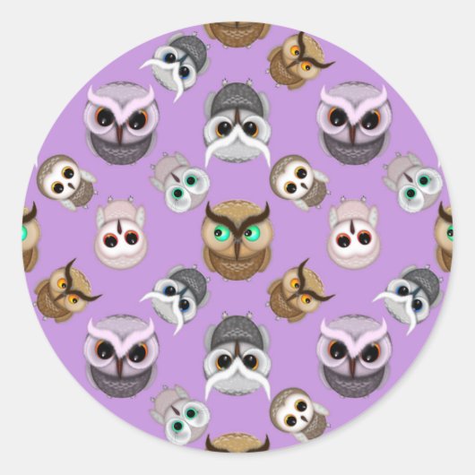 キュートなフクロウイラストレーション模様（紫） ラウンドシール (正面)