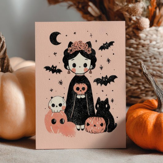 キュートなフリーダ・カーロのピンクのPasteloween ハッピー・ハロウィン カード