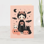 キュートなフリーダ・カーロのピンクのPasteloween ハッピー・ハロウィン カード (正面)
