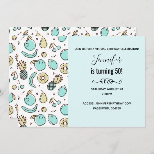 キュートなフルーツパターン夏をテーマにしたバーチャル誕生日 招待状 (正面/裏面)