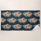 キュートなブラウンスロート&トロピカル葉の水色 ビーチタオル (正面)