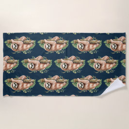 キュートなブラウンスロート&トロピカル葉の水色 ビーチタオル