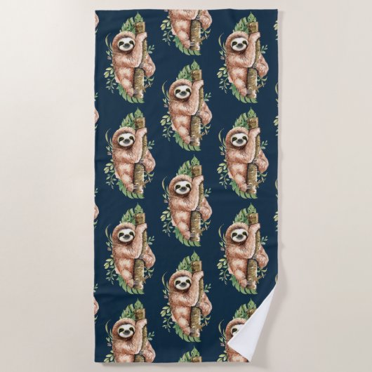 キュートなブラウンスロート&トロピカル葉の水色 ビーチタオル (正面)