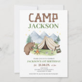 キュートなブラウンベア山のキャンプをテーマにした第1誕生日 招待状 (正面)