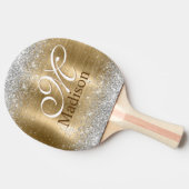 キュートなブラシ付き金ゴールドフェイクシルバーグリッターモノグラム 卓球ラケット (横)