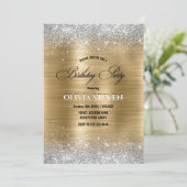 キュートなブラシ付き金ゴールドフェイクシルバーグリッターモノグラム 招待状 (スタンド正面)