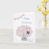 キュートなブラックキッテン入りピンクブーケかわいらし誕生日 カード (黄色い花)