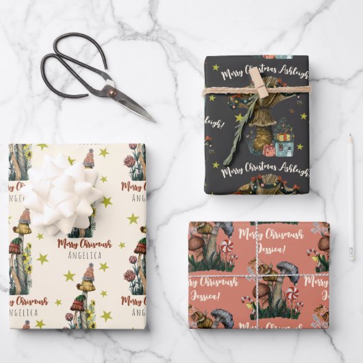 キュートなブラックピンクマッシュルームクリスマス名前をカスタムする ラッピングペーパーシート (正面)