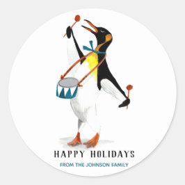 キュートなブラック&ホワイトおもしろいペンギンミュージシャンとドラム ラウンドシール