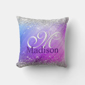 キュートなブラッシュパープルフェイクシルバーグリッターモノグラム クッション (正面)