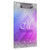 キュートなブラッシュパープルフェイクシルバーグリッターモノグラム クリップボード (右)