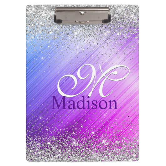 キュートなブラッシュパープルフェイクシルバーグリッターモノグラム クリップボード (正面)