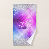 キュートなブラッシュパープルフェイクシルバーグリッターモノグラム バスタオルセット (ハンドタオル)