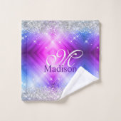 キュートなブラッシュパープルフェイクシルバーグリッターモノグラム バスタオルセット (ウォッシュタオル)