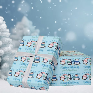 キュートなブルークリスマスペンギンのスノーフレークパーソナライズされた ラッピングペーパー