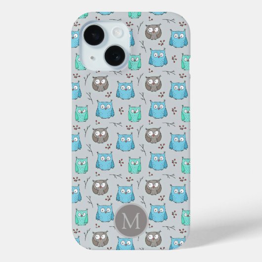 キュートなブルーグレイのフクロウパターンモノグラム Case-Mate iPhoneケース (裏面)