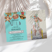 キュートなブルージャングルの1歳の誕生日写真 Let's Get Wild