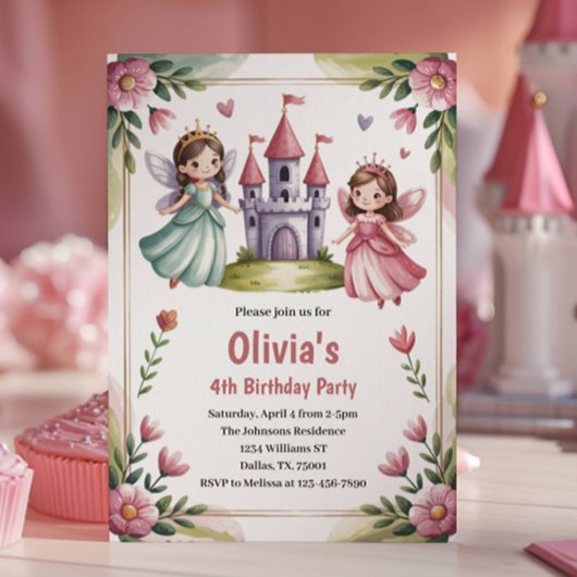 キュートなプリンセスの妖精 4歳の誕生日パーティー 招待状