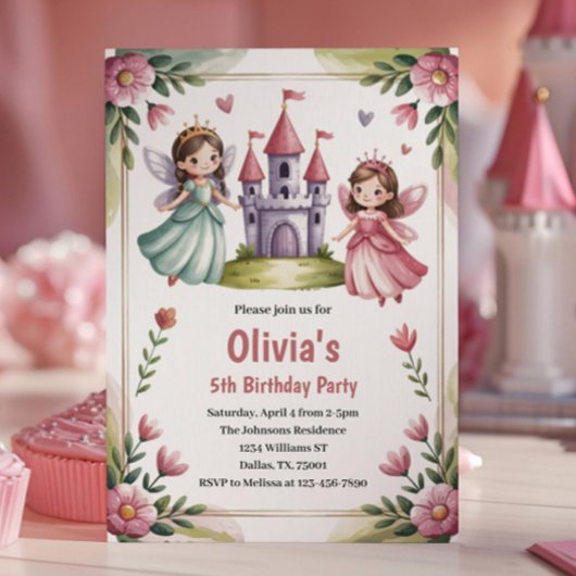 キュートなプリンセスの妖精 5歳の誕生日パーティー 招待状