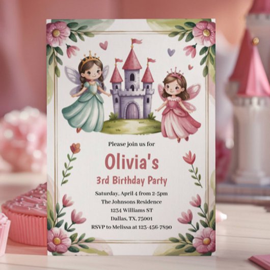 キュートなプリンセスフェアリーの3歳の誕生日パーティー 招待状