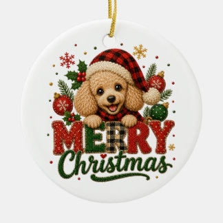 キュートなプードルのメリークリスマス セラミックオーナメント