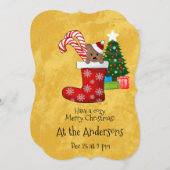 キュートなベアーキャンディーケーンinクリスマスストッキング 招待状 (正面/裏面)