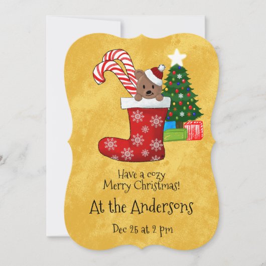 キュートなベアーキャンディーケーンinクリスマスストッキング 招待状 (正面)