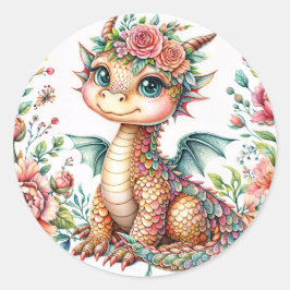 キュートなベビードラゴンの花 – フローラル水彩 ラウンドシール