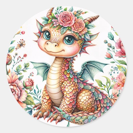 キュートなベビードラゴンの花 – フローラル水彩 ラウンドシール (正面)