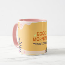 キュートなベビーピンクとオレンジのコーヒーマグカップ GOOD MORNING