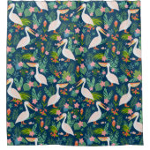 キュートなペリカンカラフル熱帯花パターン シャワーカーテン (正面)