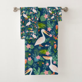 キュートなペリカンカラフル熱帯花パターン バスタオルセット