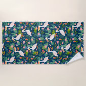 キュートなペリカンカラフル熱帯花パターン ビーチタオル (正面)