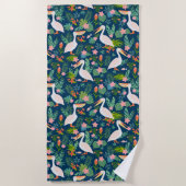 キュートなペリカンカラフル熱帯花パターン ビーチタオル (正面)