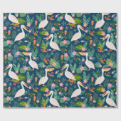 キュートなペリカンカラフル熱帯花パターン ラッピングペーパー (フラット)