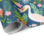 キュートなペリカンカラフル熱帯花パターン ラッピングペーパー (ロールコーナー)