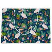 キュートなペリカンカラフル熱帯花パターン ラージペーパーバッグ (正面)