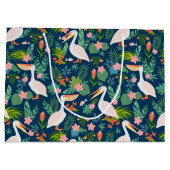 キュートなペリカンカラフル熱帯花パターン ラージペーパーバッグ (裏面)