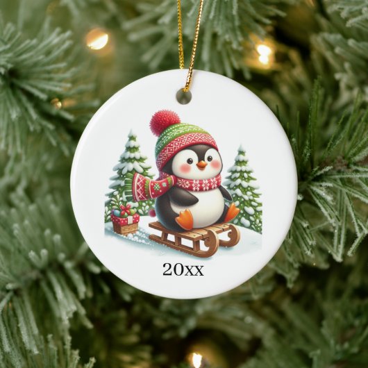 キュートなペンギンに日付とメッセージのクリスマスを追加 セラミックオーナメント (ツリー)