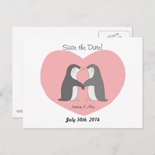キュートなペンギンのカップル日付はがきを保存 案内ポストカード (正面/裏面)